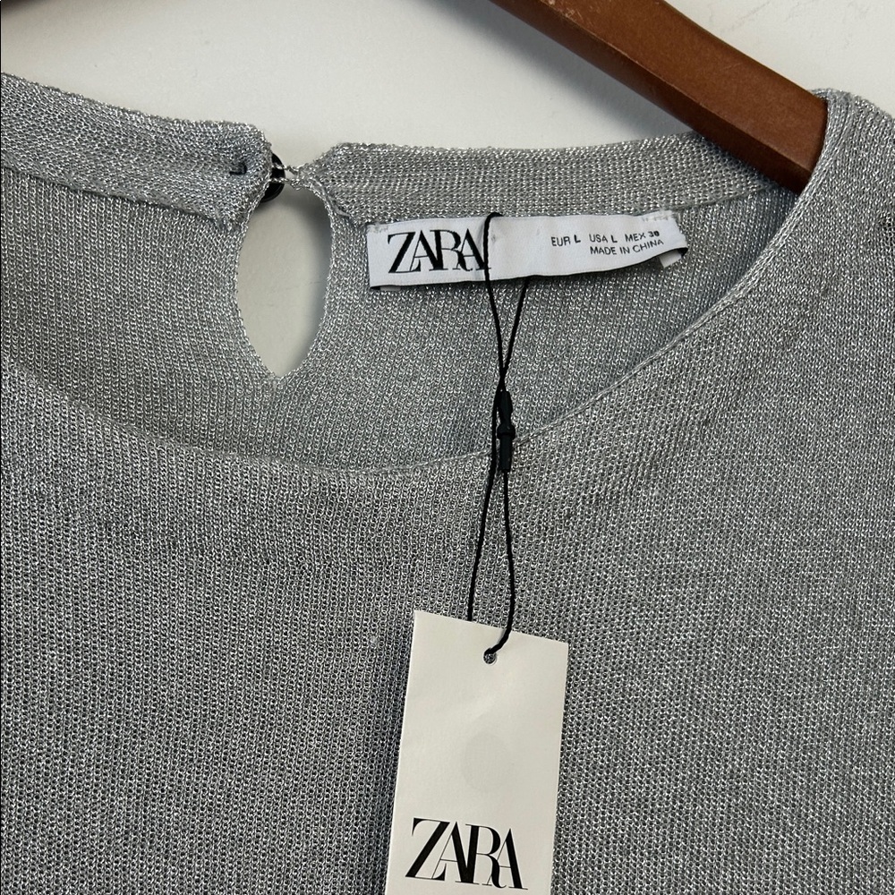 Zara|Elegant Metallic Silver Top sz L - Picture 3 of 4